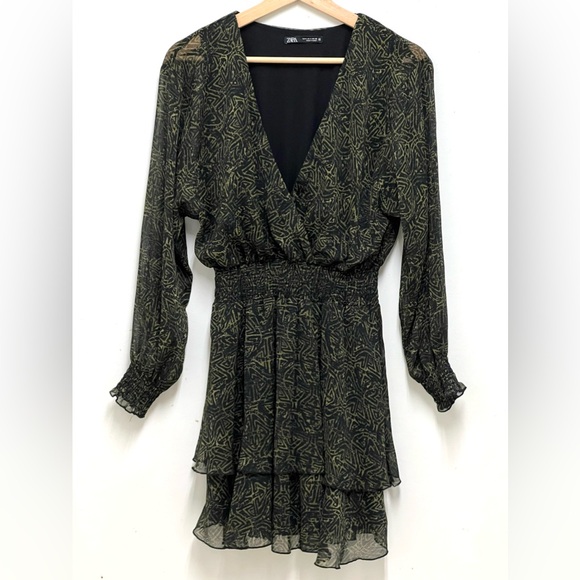 Zara Women's Black Green Polyester Mini Dress Elastic Waist & Wrist Band Size S - Picture 2 of 8